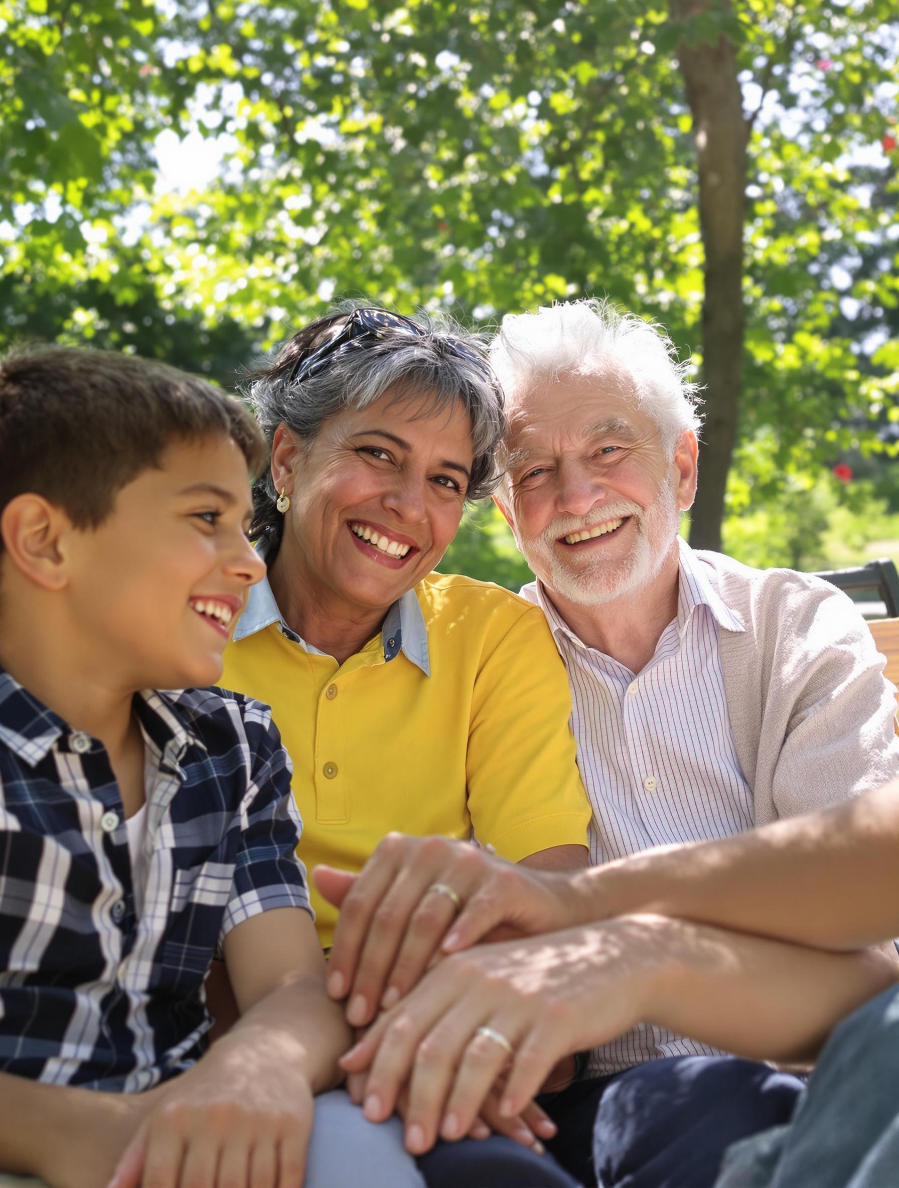 Groupe intergénérationnel souriant dans un parc, symbolisant solidarité, vieillesse et optimisme