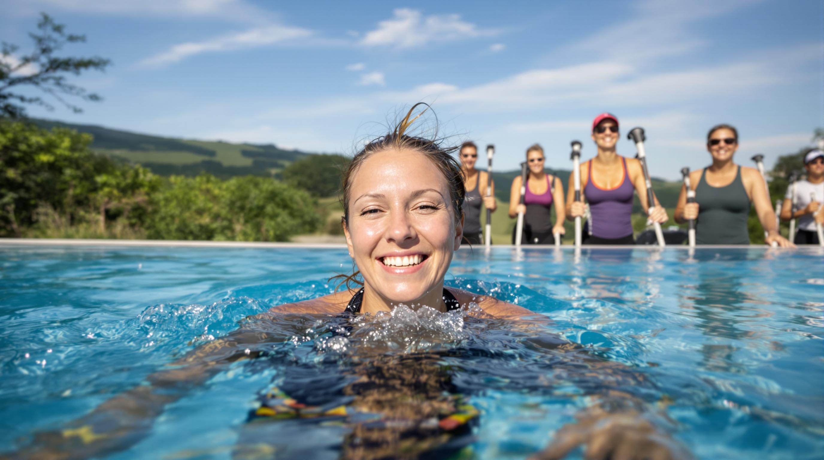 Groupe pratiquant la marche nordique et la natation pour un bassin en bonne santé