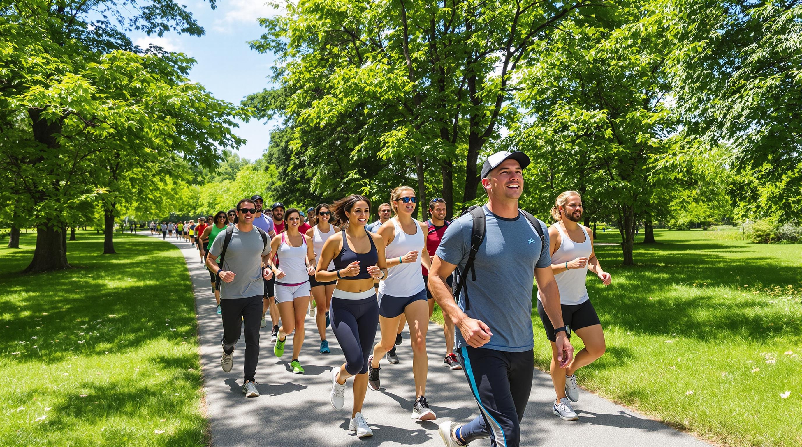 Groupe de personnes pratiquant la marche rapide dans un parc avec cardio-fréquencemètre