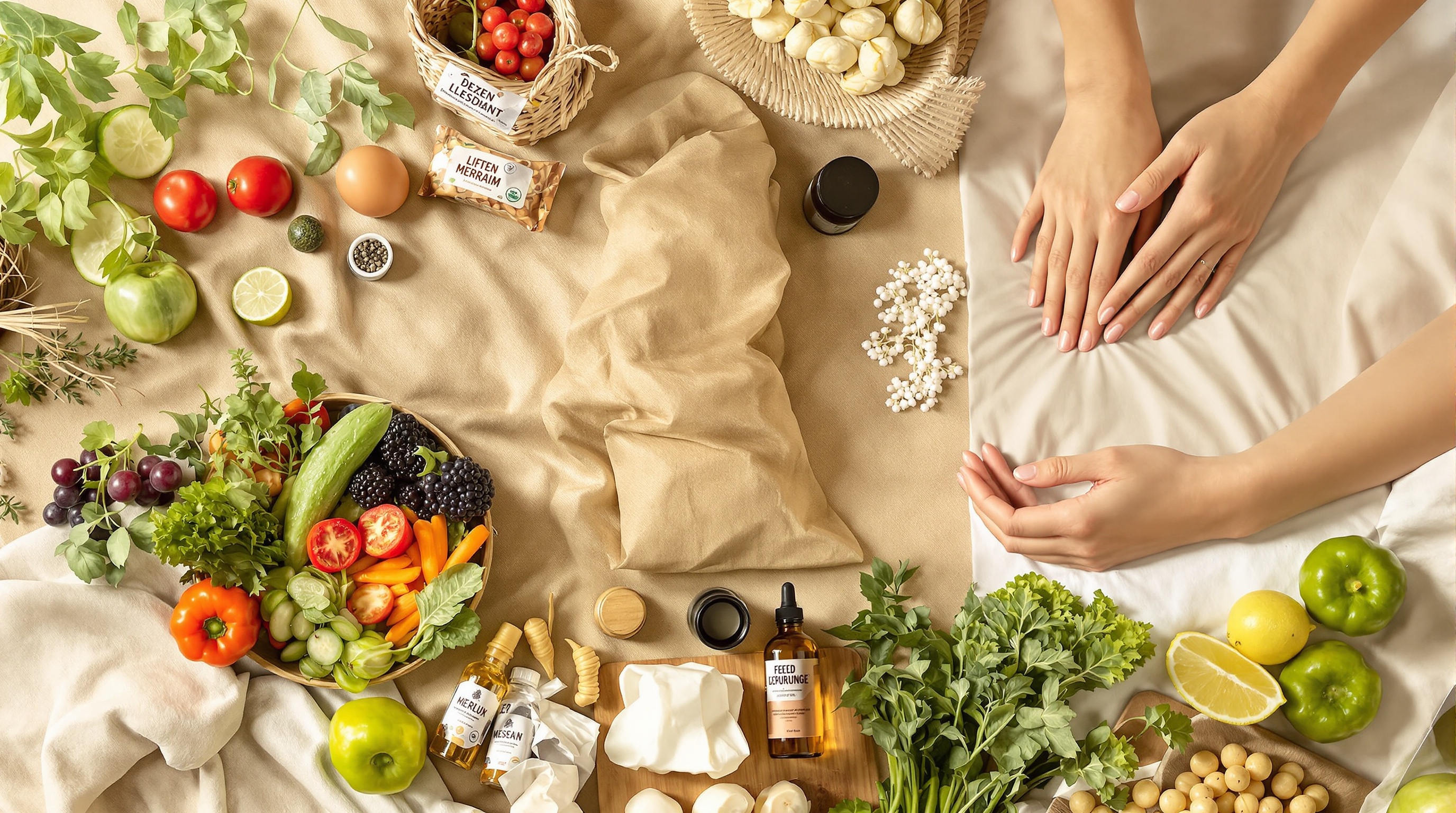 Représentation de la synergie entre alimentation naturelle, activité physique, sommeil de qualité et massages pour le bien-être.