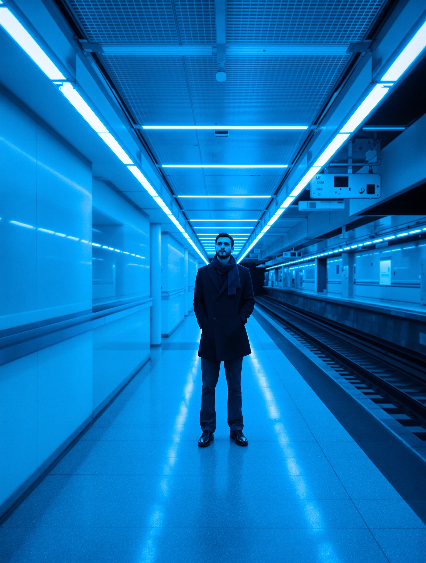 Un homme moderne sur un quai de gare vide, symbolisant la confrontation lucide avec l'absurde chez Camus.