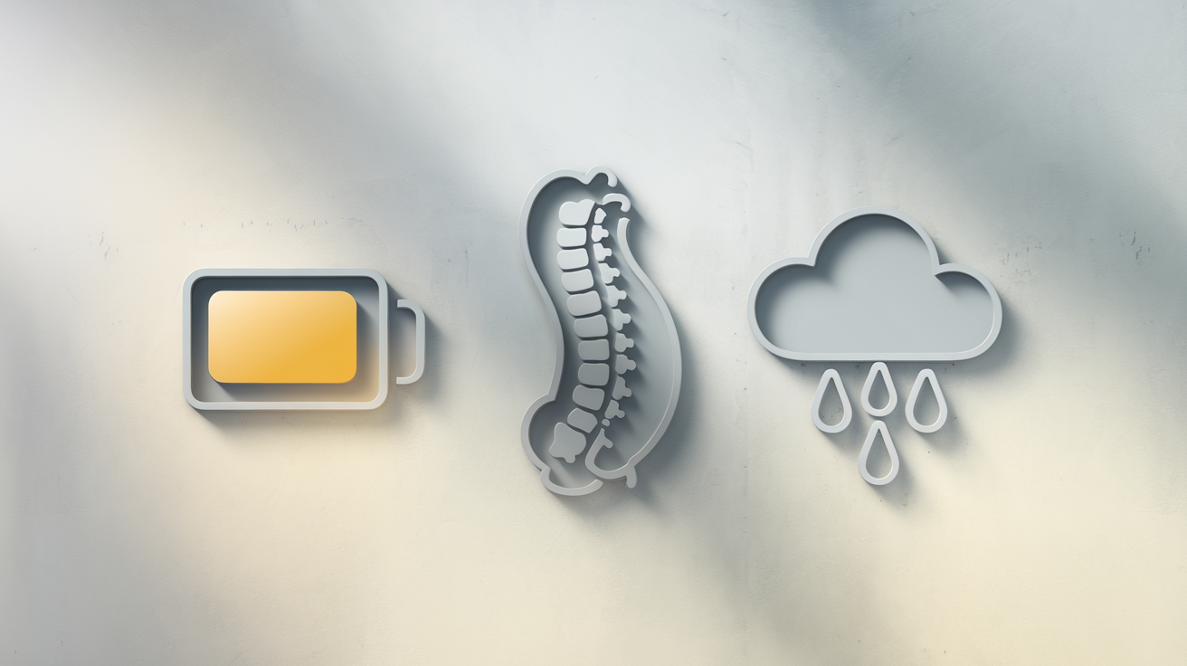 Icônes symptômes carence vitamine D : fatigue, douleurs, moral bas