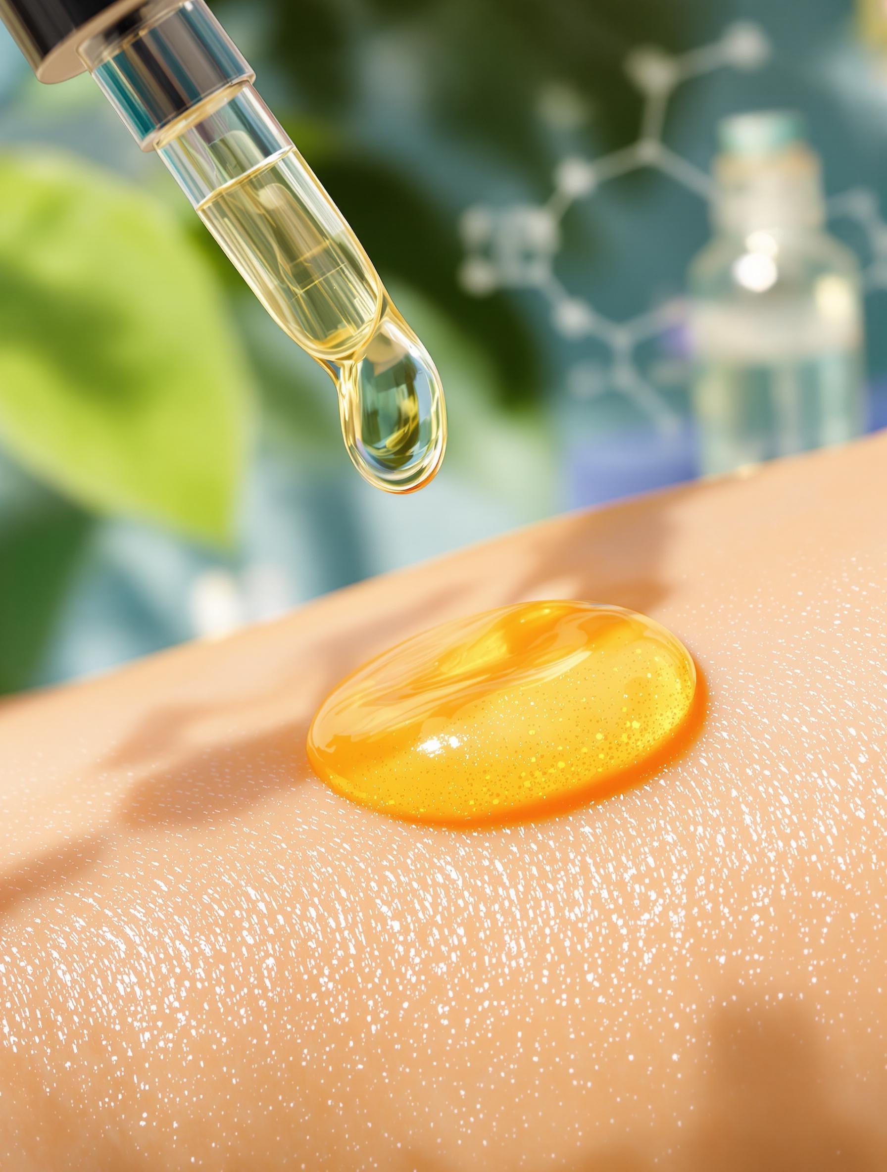 Illustration des actifs naturels anti-âge : vitamine C, rétinol, peptides
