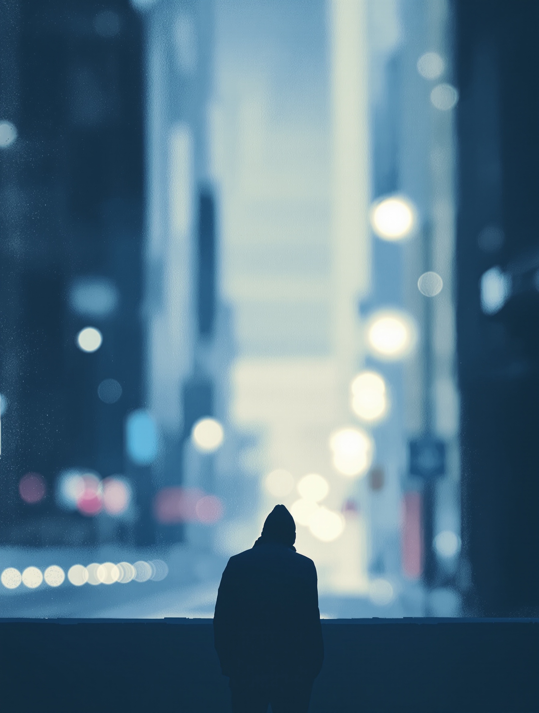 Un individu contemporain face à l'immensité urbaine, incarnant l'angoisse moderne et la solitude existentielle selon Camus.