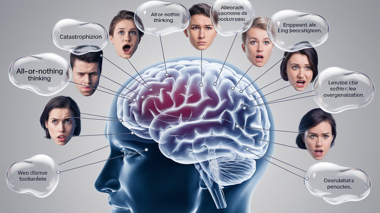 Cerveau illustré avec bulles de pensées automatiques négatives reliées à des visages exprimant diverses émotions
