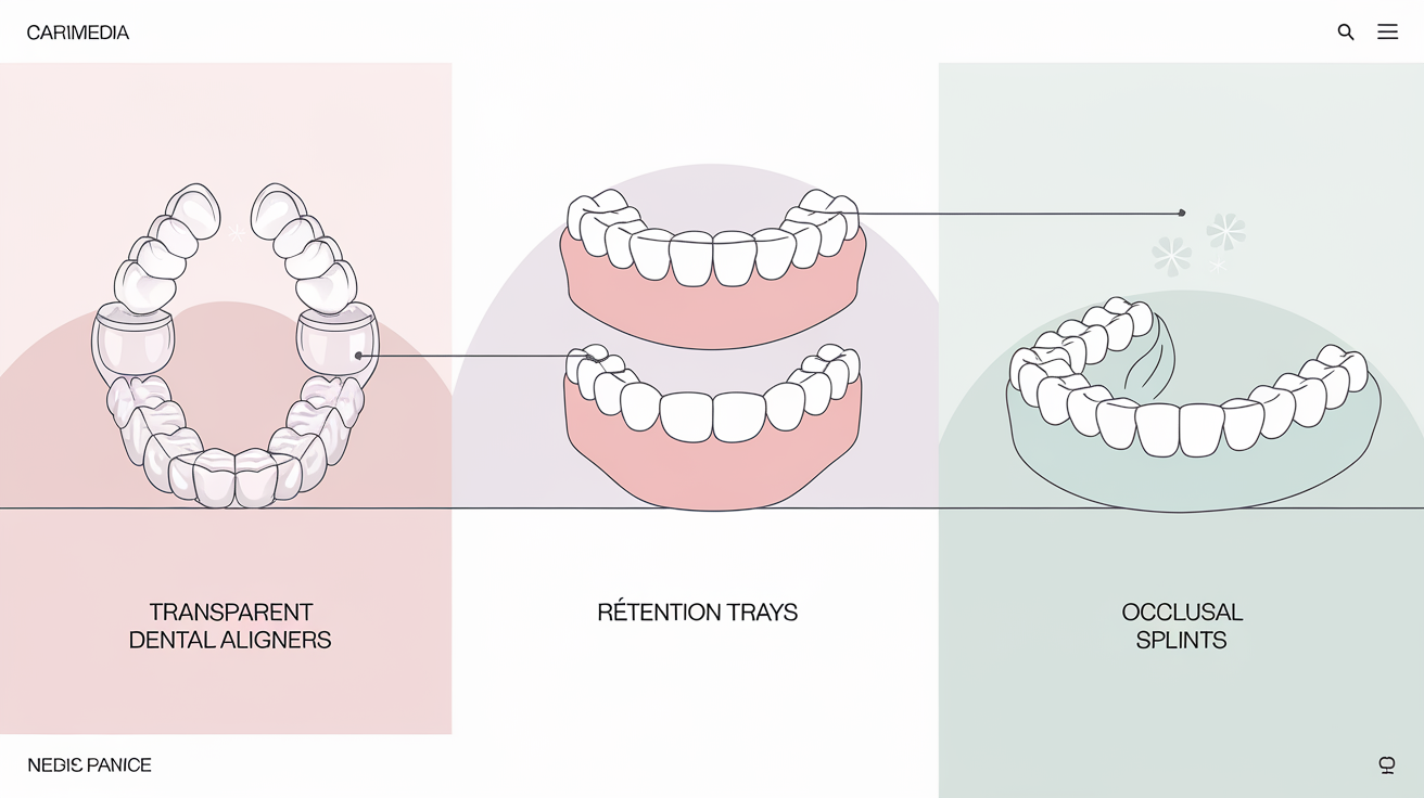 Illustration comparative des différents types d'appareils dentaires de nuit : aligneurs transparents, gouttière de contention et plaque occlusale.