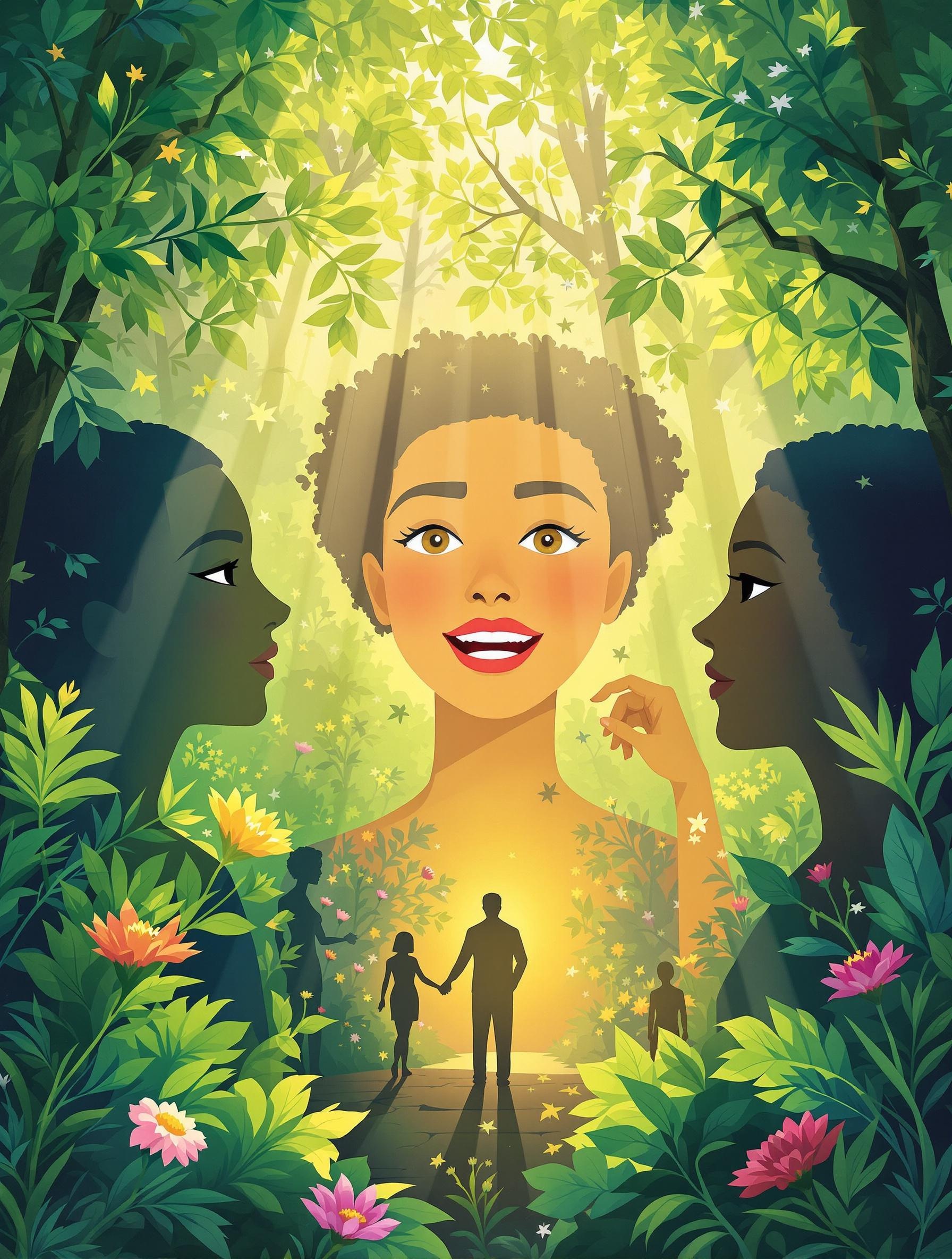 Illustration d'une personne traversant des émotions, entourée de figures de soutien et d'éléments naturels apaisants.