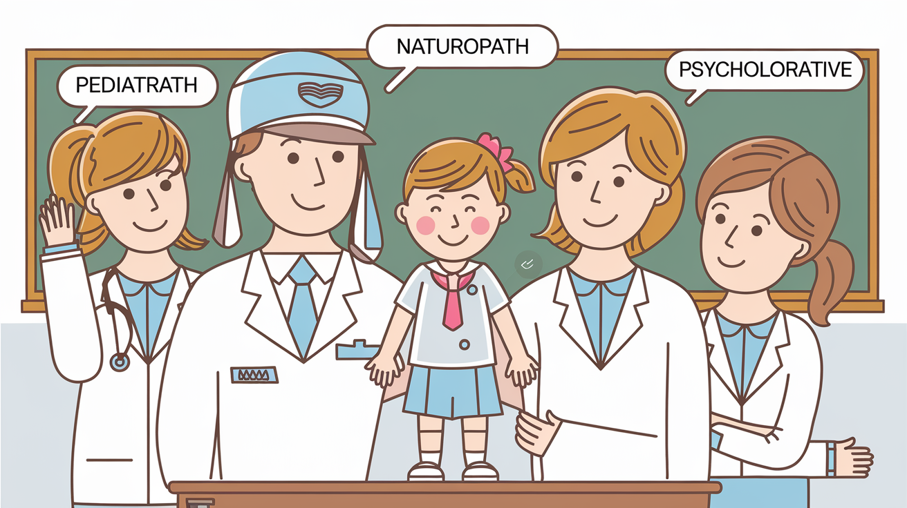 Schéma illustrant une équipe autour de l’enfant : pédiatre en tant que pilote, naturopathe comme co-pilote, et psychologue en soutien.