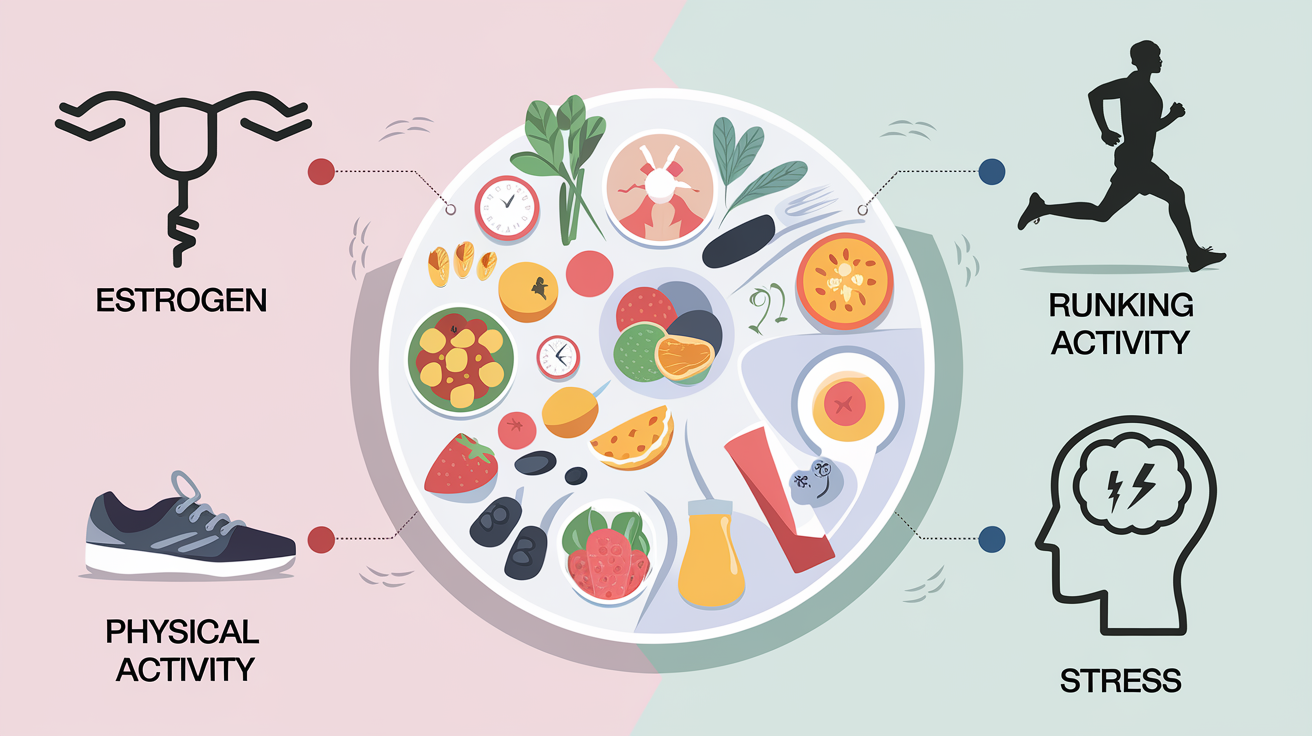 Infographie sur les facteurs influençant le poids à la ménopause : hormones, alimentation, activité physique, stress