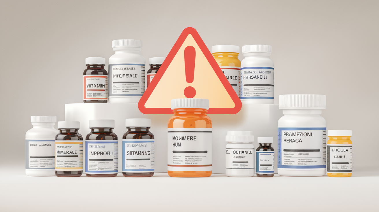 Flacons de compléments alimentaires posés à côté de médicaments, point d'exclamation pour les risques