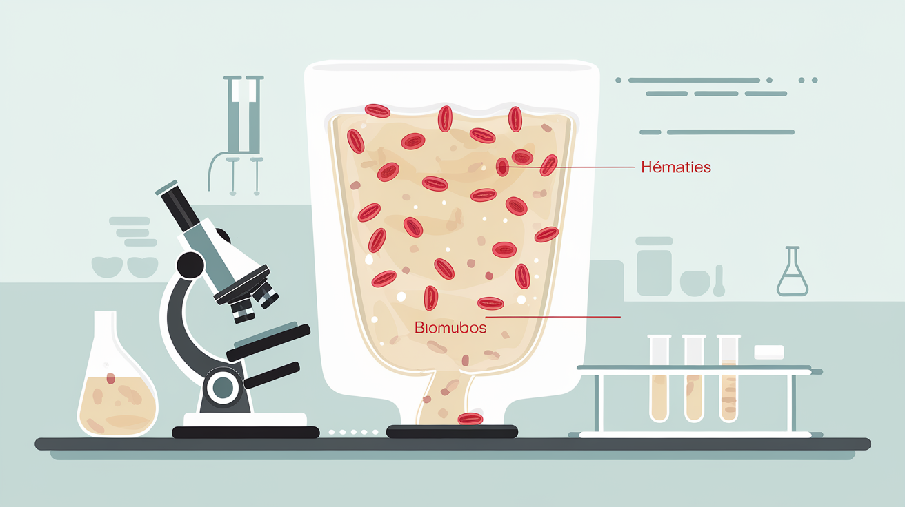 Vue éducative au microscope d'une urine contenant quelques hématies