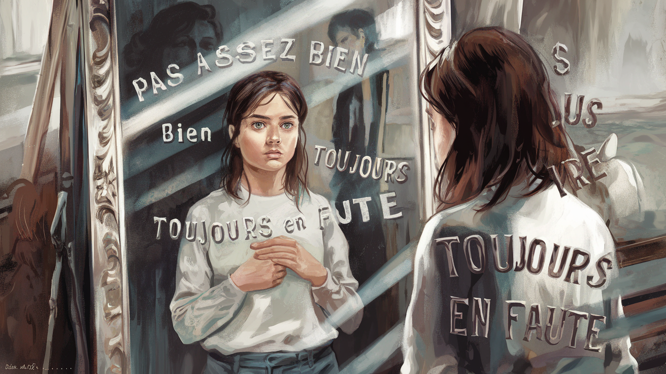 Femme face à un miroir, symbolisant une voix intérieure toxique