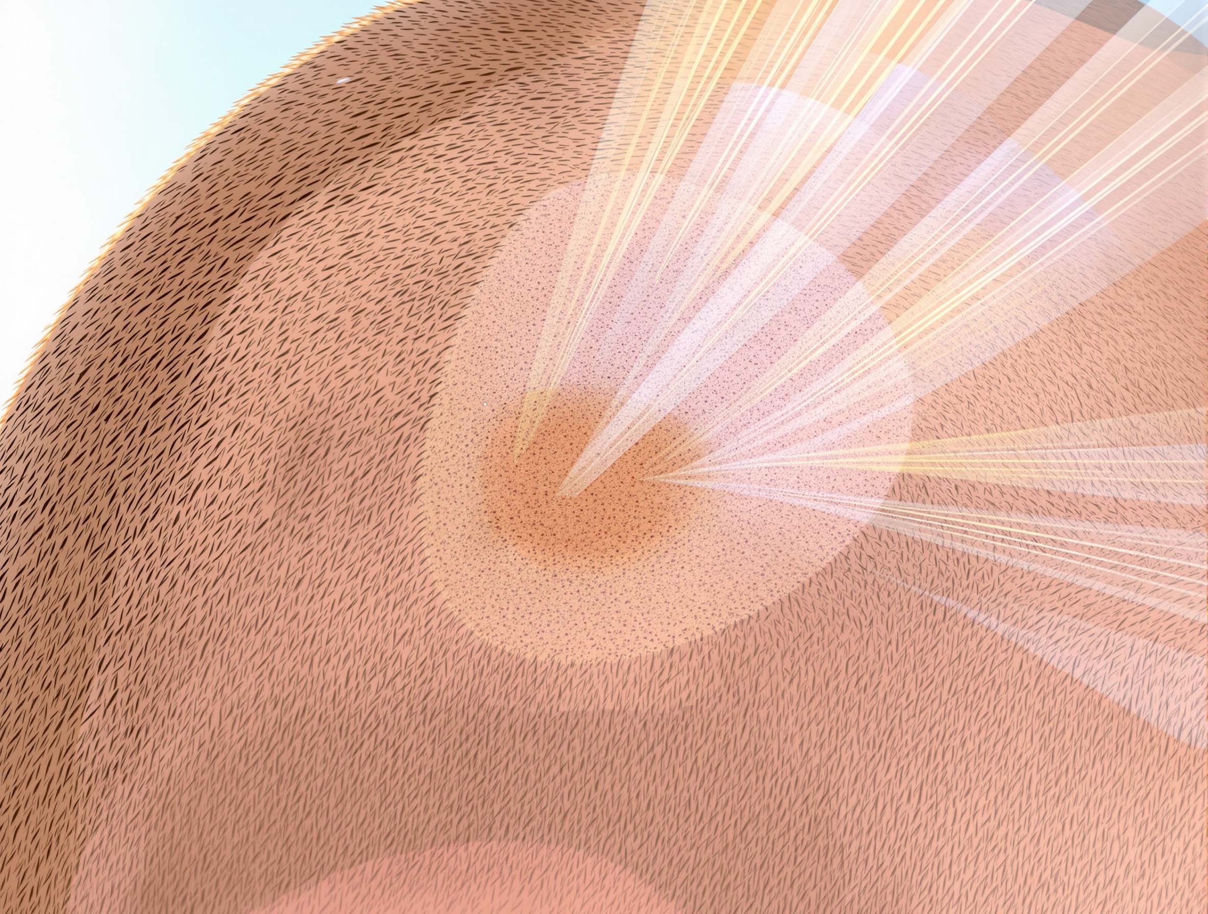 Schéma médical : formation d’un naevus sur le cuir chevelu, impact UV et mélanocytes