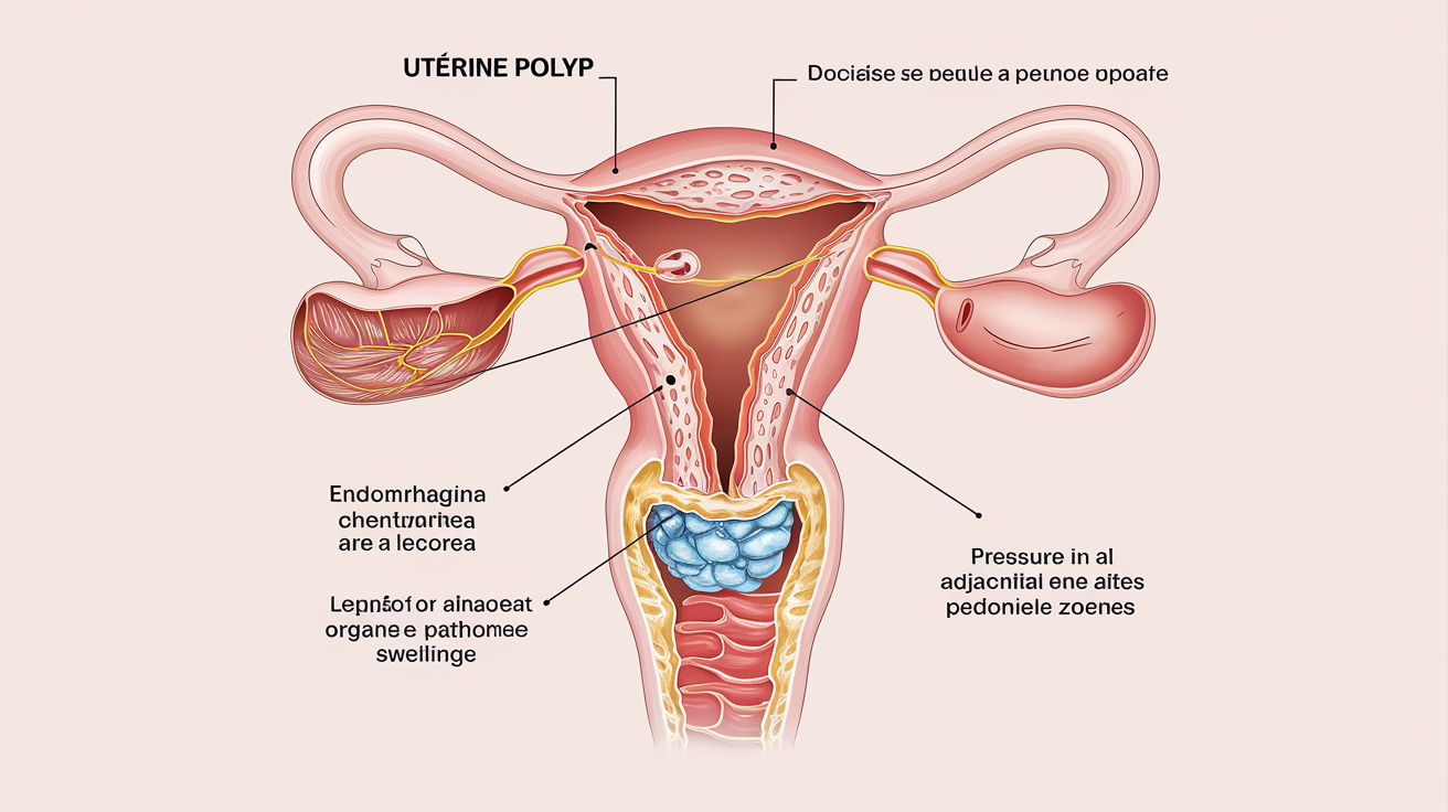 Illustration schématique des symptômes polype utérin : métrorragie, leucorrhée, ventre gonflé