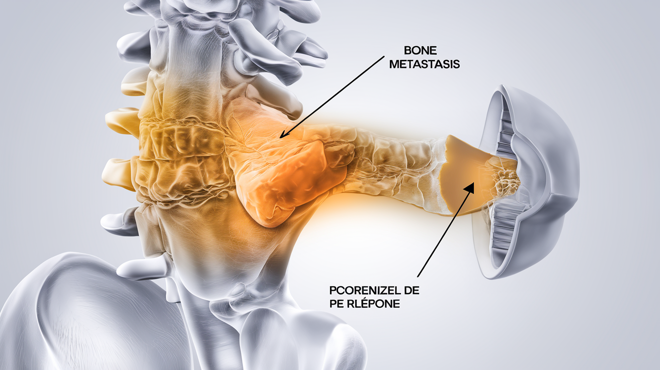 Illustration médicale sobre montrant un zoom sur une vertèbre de la colonne vertébrale touchée par une métastase osseuse, avec une flèche indiquant la compression potentielle de la moelle épinière.
