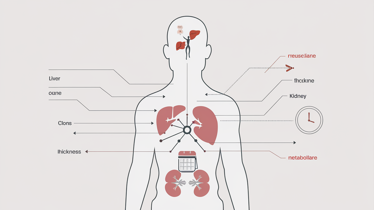 Silhouette humaine avec foie, reins, âge et flèches illustrant variabilité métabolisme acétylleucine
