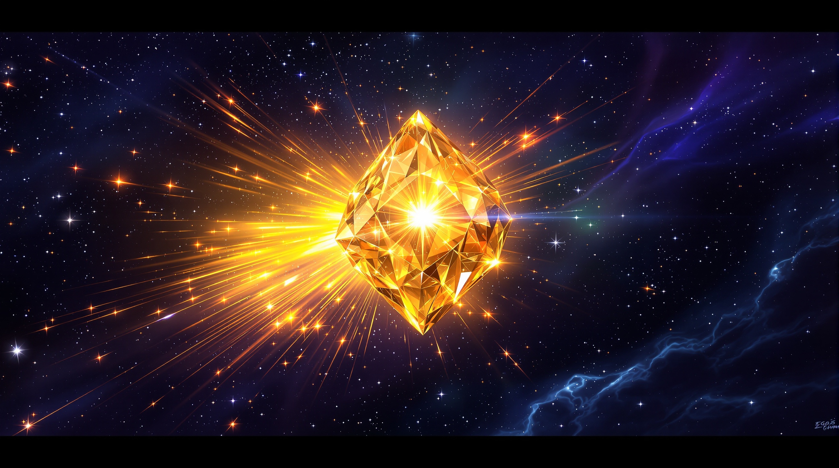 Ego Gem dorée vibrant dans l’espace cosmique