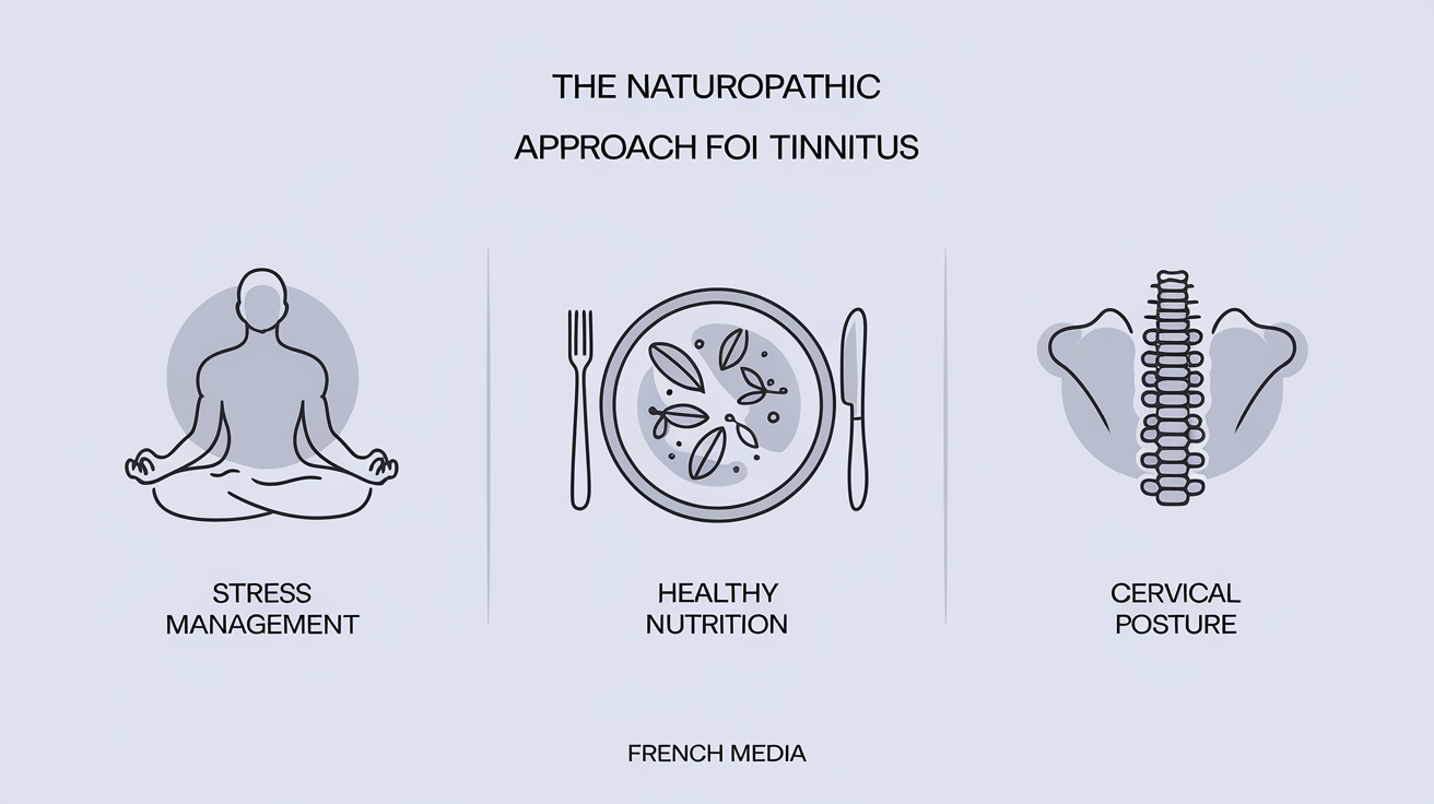 Approche holistique des acouphènes : méditation, alimentation saine, posture cervicale.