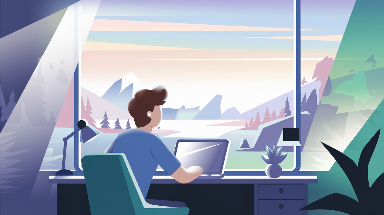 Une personne à son bureau regarde par la fenêtre vers un paysage lointain pour illustrer la règle 20-20-20.