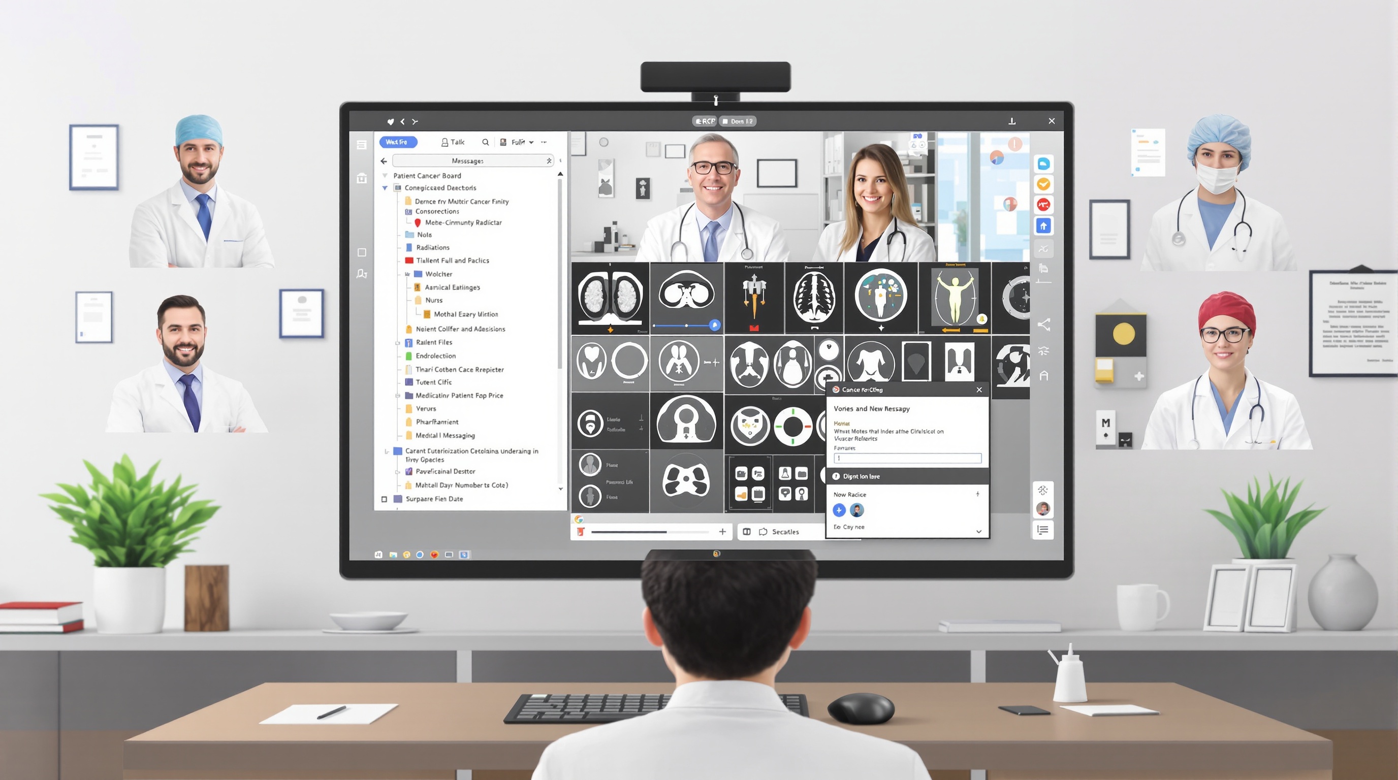 Réunion e-RCP en visioconférence : médecins hospitaliers connectés, partage d'imagerie médicale et dossiers patients anonymisés.