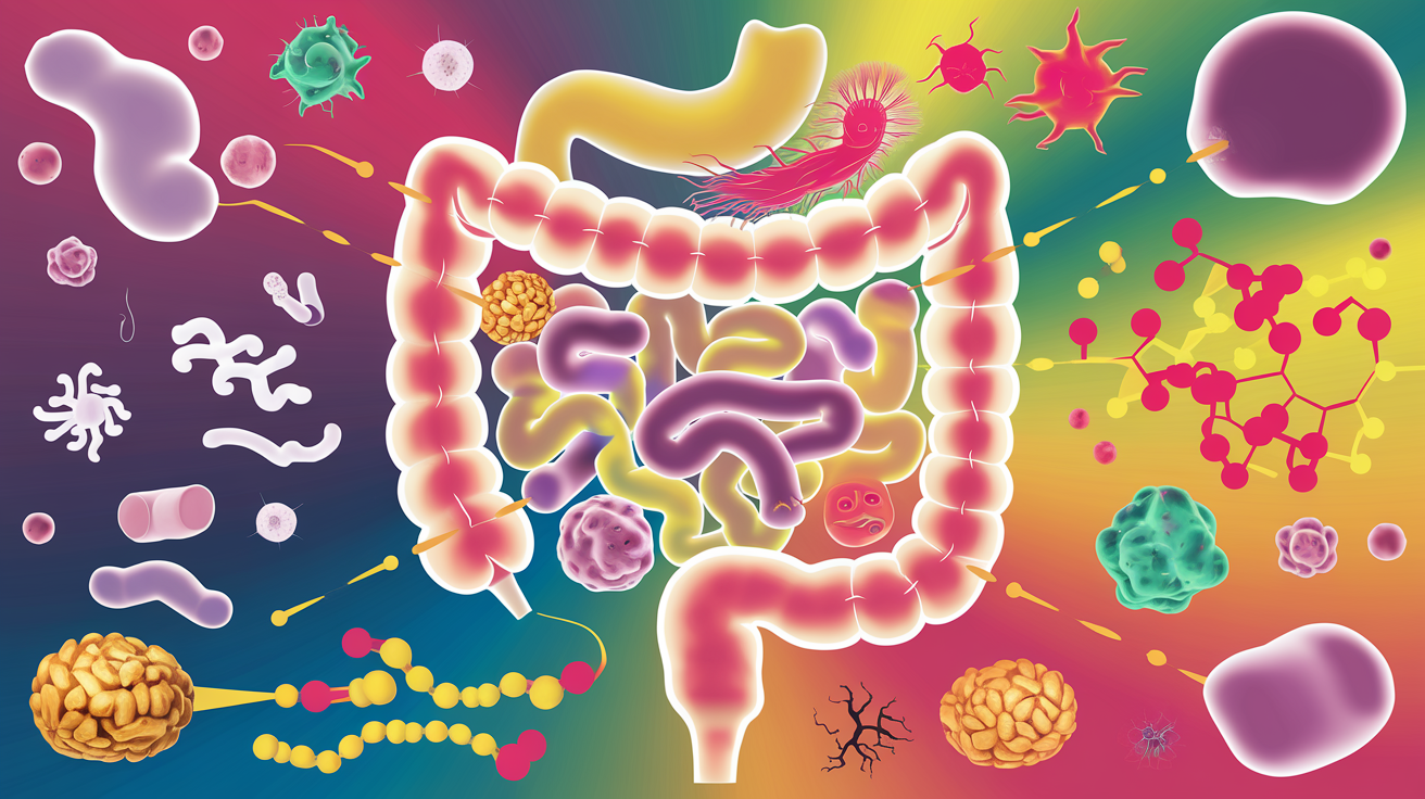 Illustration scientifique du microbiote intestinal, bactéries, fibres et prébiotiques