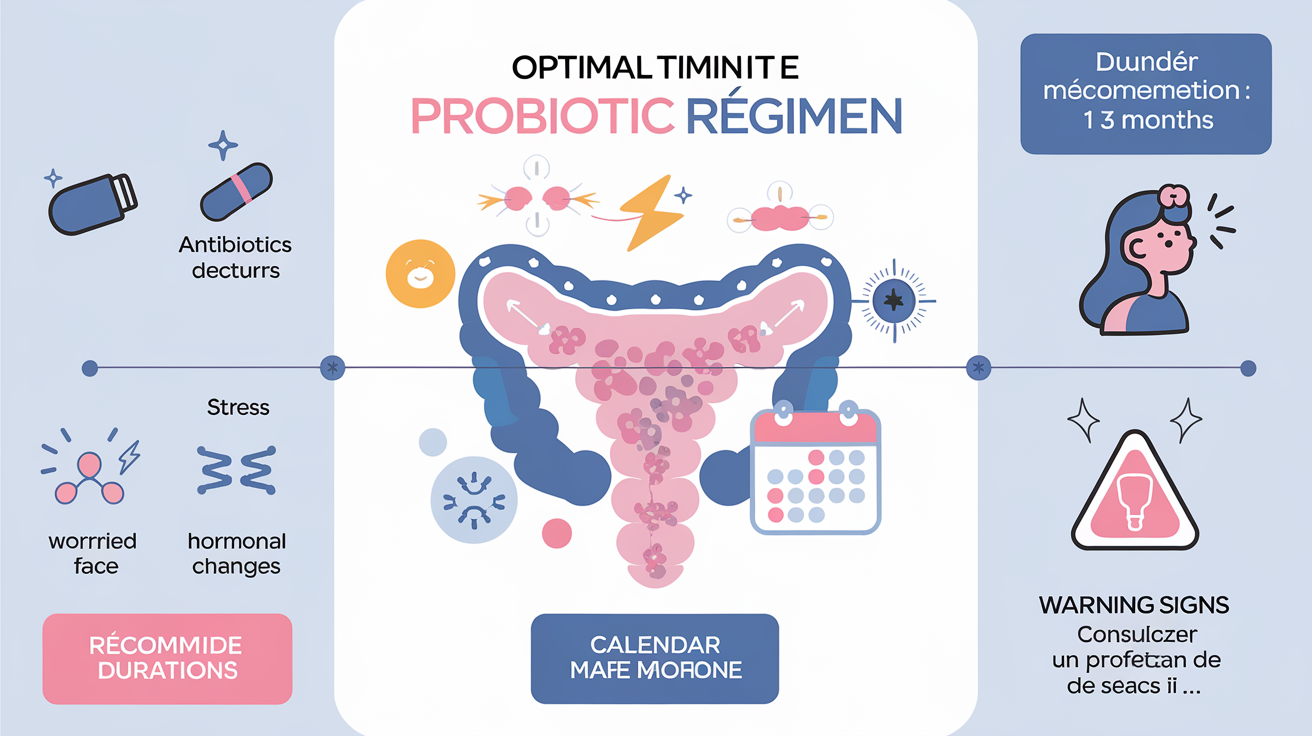 Illustration pédagogique : timing optimal d'une cure de probiotiques intimes – situations à risque, durée recommandée, signaux pour consulter.