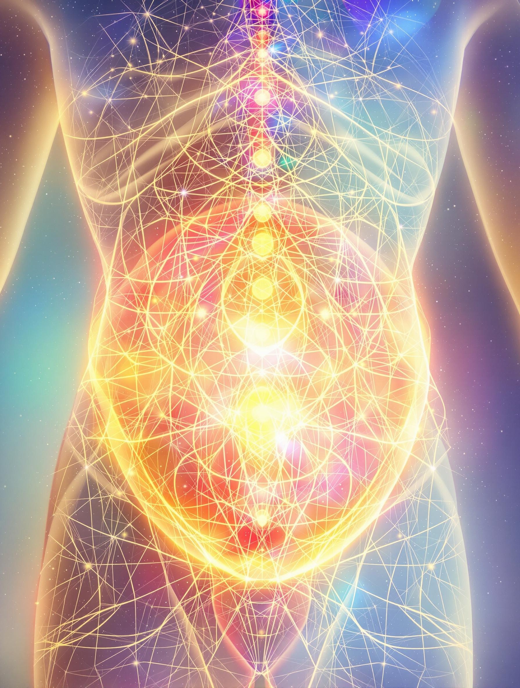 Illustration artistique du ventre humain rayonnant de lumière et d'émotions