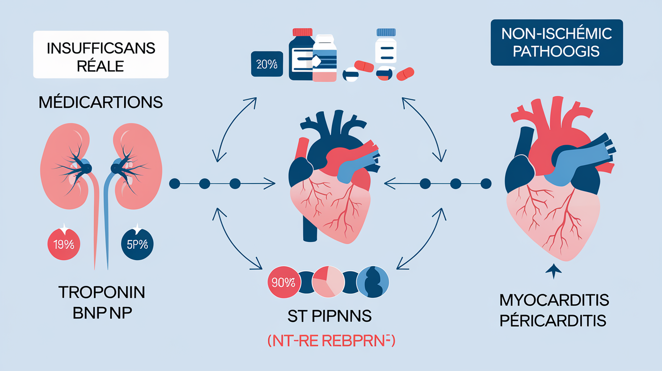 Illustration montrant l’influence de l’insuffisance rénale, des médicaments et de la myocardite sur les biomarqueurs cardiaques.
