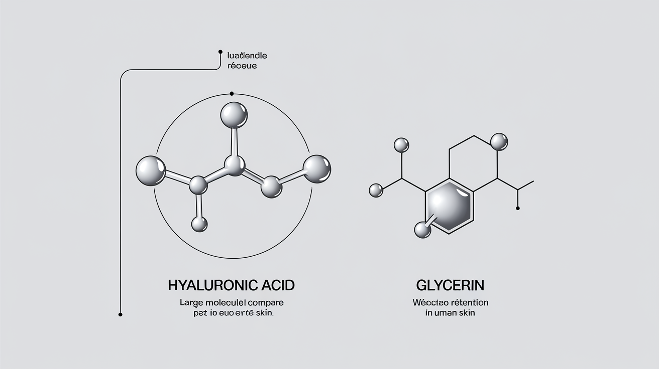 Schémas moléculaires de l'acide hyaluronique et de la glycérine montrant leur capacité de rétention d'eau