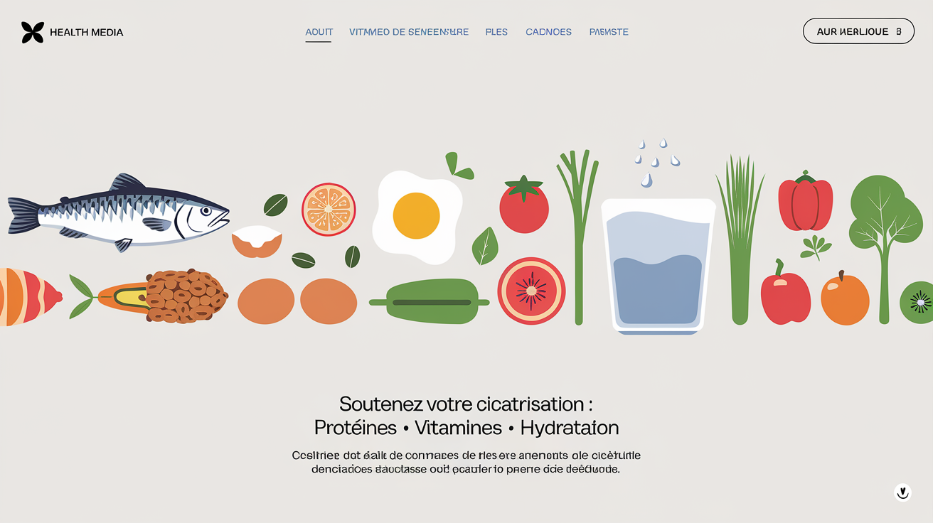 Infographie simple montrant des aliments riches en protéines et vitamines bénéfiques pour la cicatrisation.