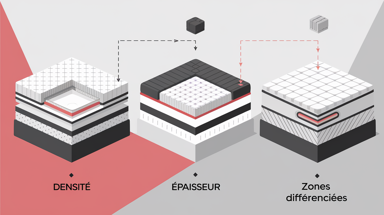 Illustration claire des notions de densité, épaisseur et zones différenciées sur des coupes de matelas