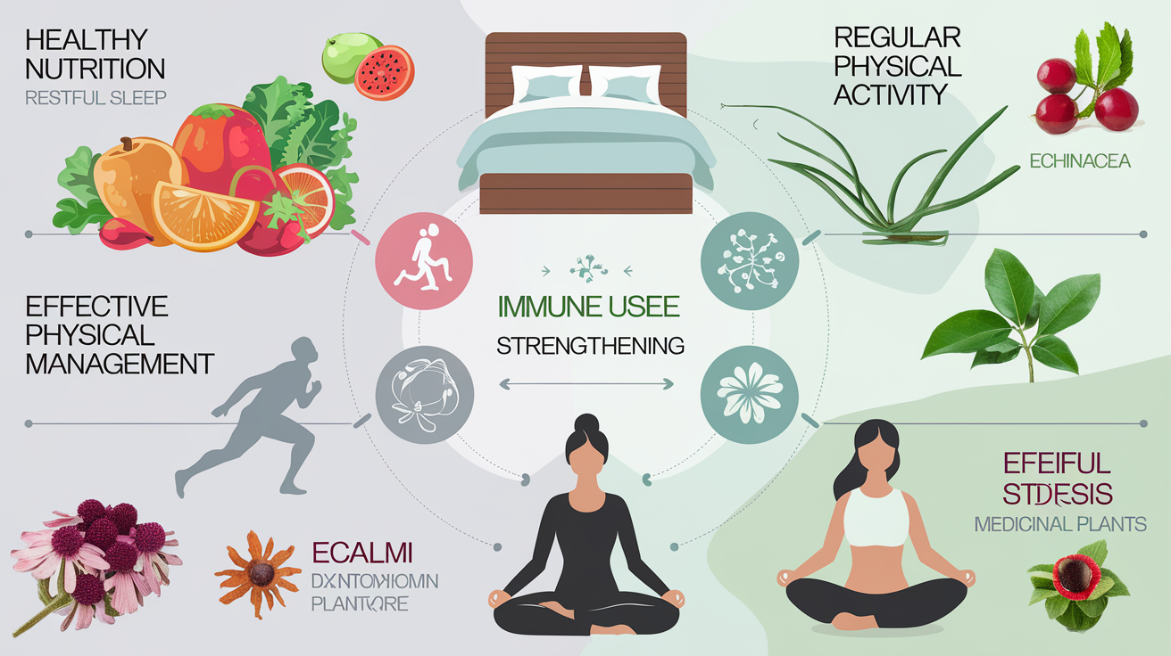 Illustration synergie holistique immunité : alimentation, sommeil, activité physique, gestion du stress, plantes médicinales.