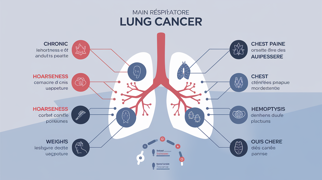 Infographie des principaux symptômes respiratoires et généraux du cancer du poumon pouvant accompagner un mal de dos.