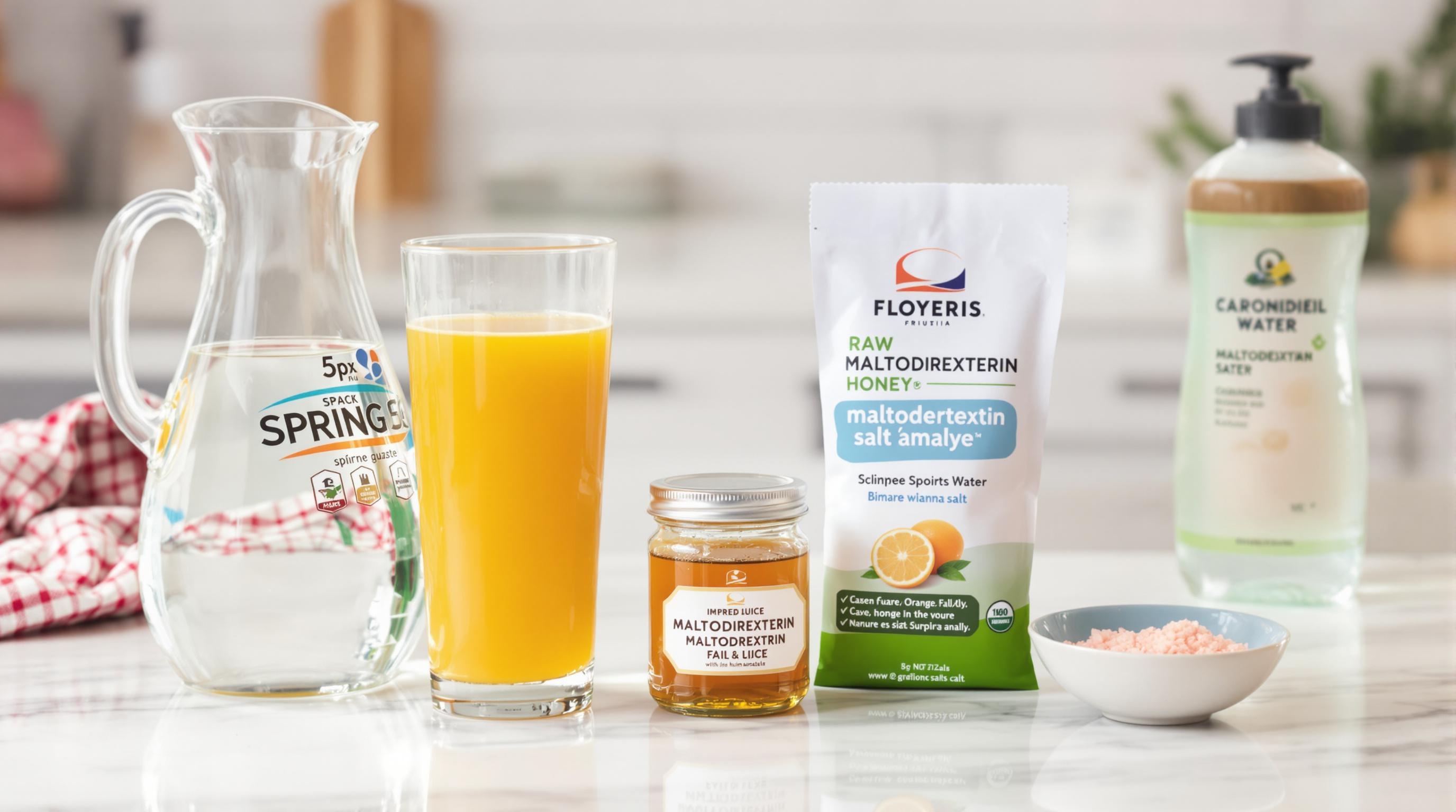 Les cinq ingrédients essentiels pour une boisson d'effort maison alignés sur un plan de travail sportif.