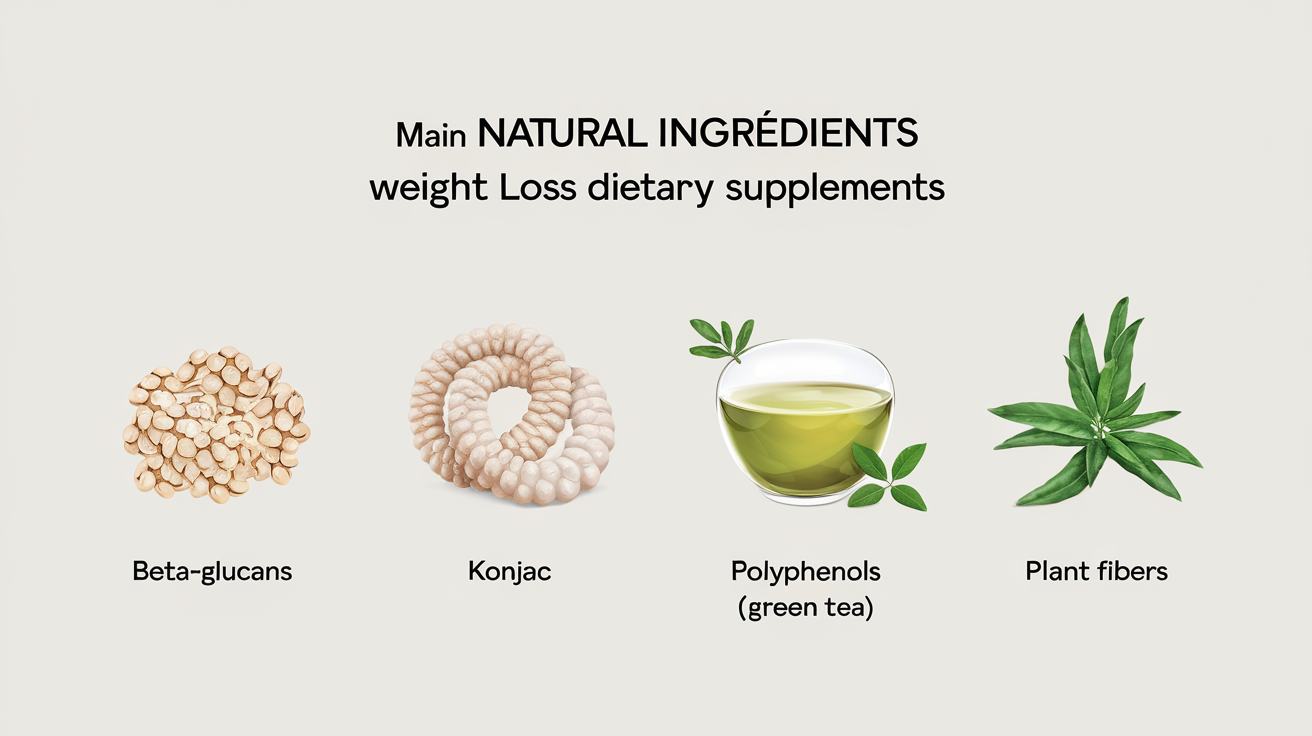 Ingrédients naturels des compléments minceur : bétaglucanes, konjac, polyphénols, fibres.