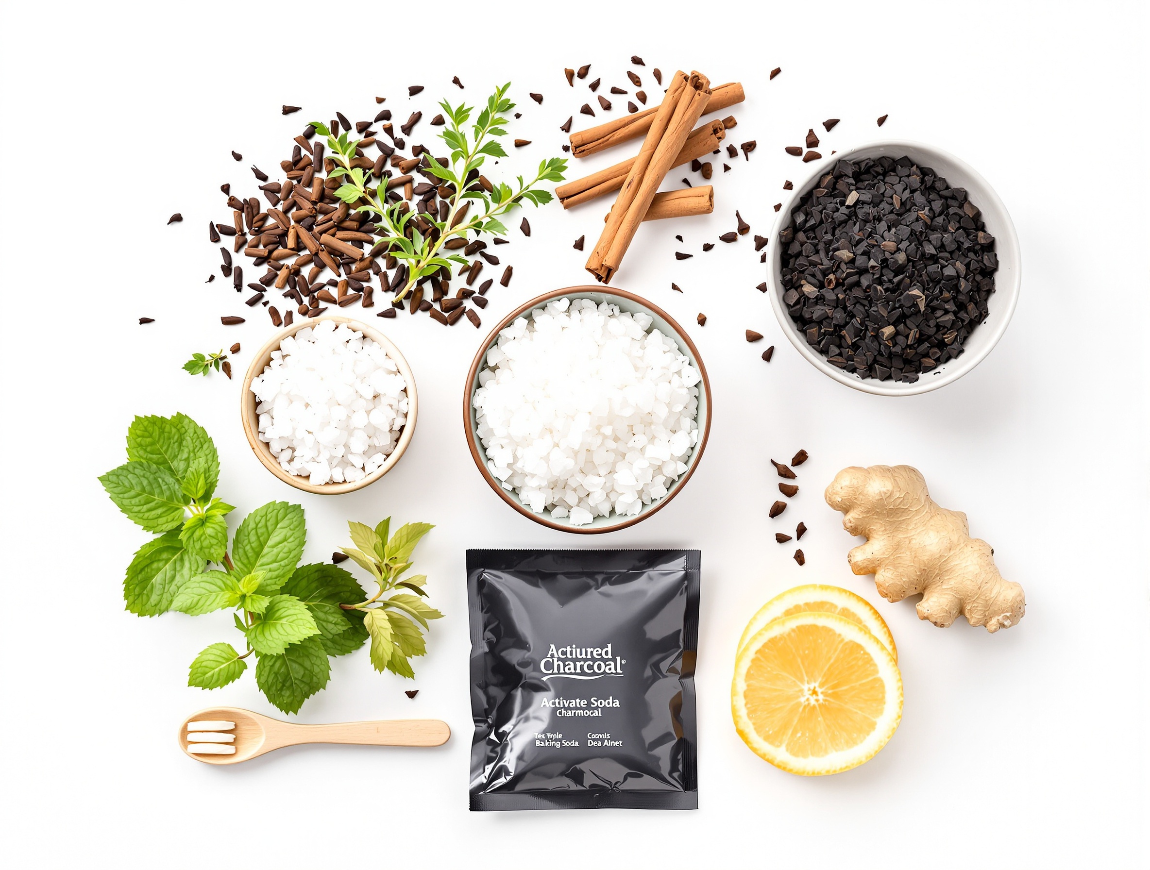 Ingrédients naturels pour l'hygiène bucco-dentaire : sel, huile de coco, clous de girofle, thym, menthe, charbon actif et gingembre.