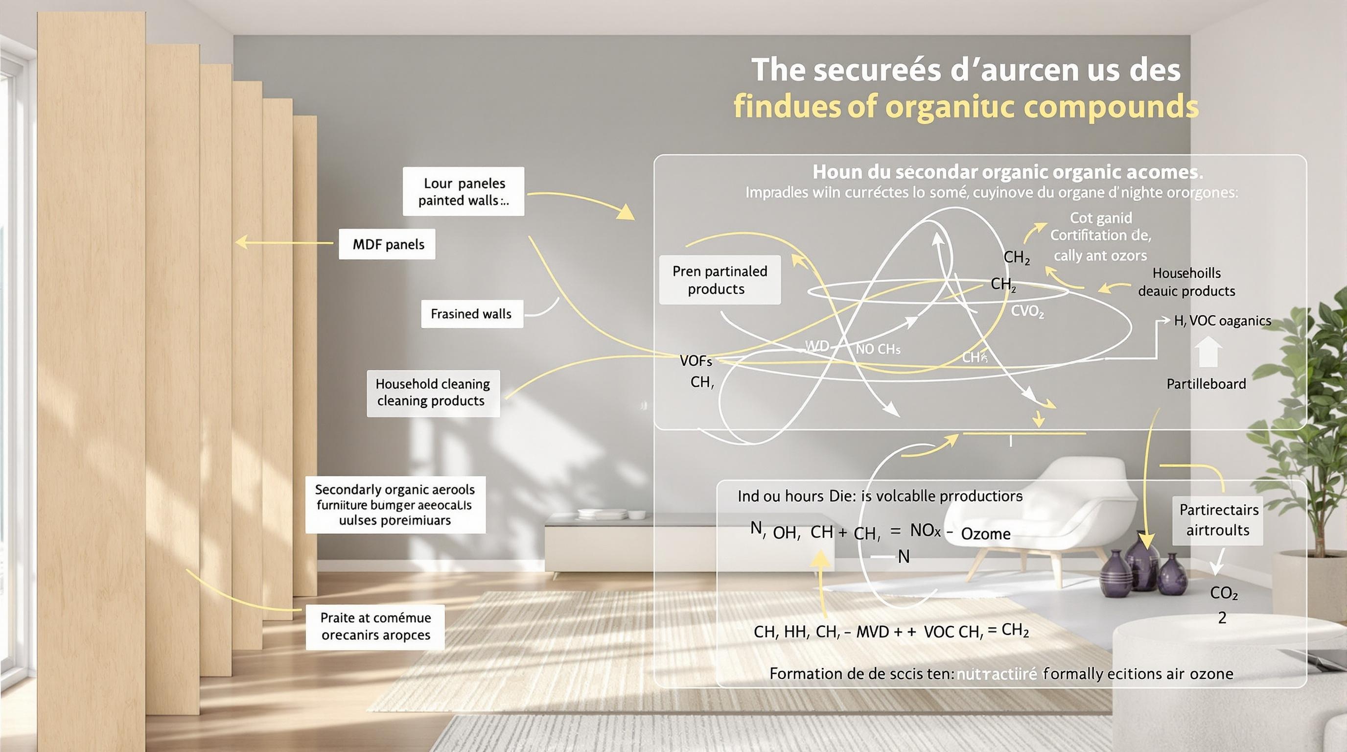 Illustration des sources de COV intérieures et formation d'aérosols organiques secondaires