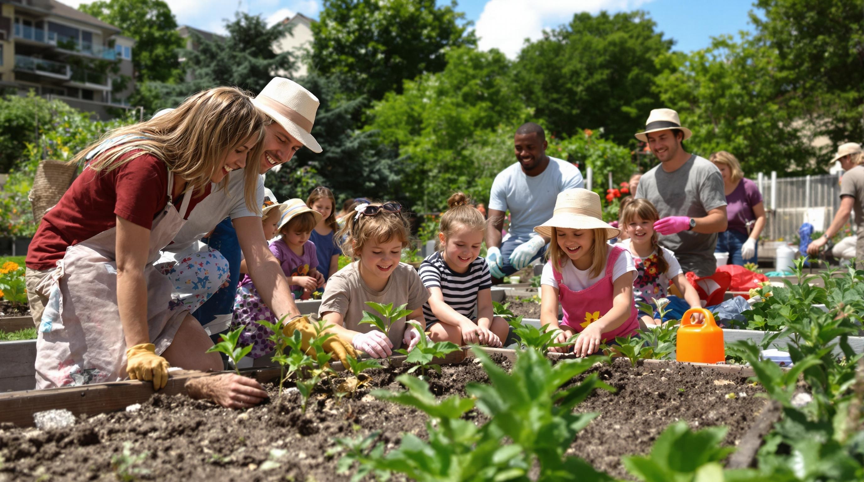 Jardin partagé animé, ambiance conviviale