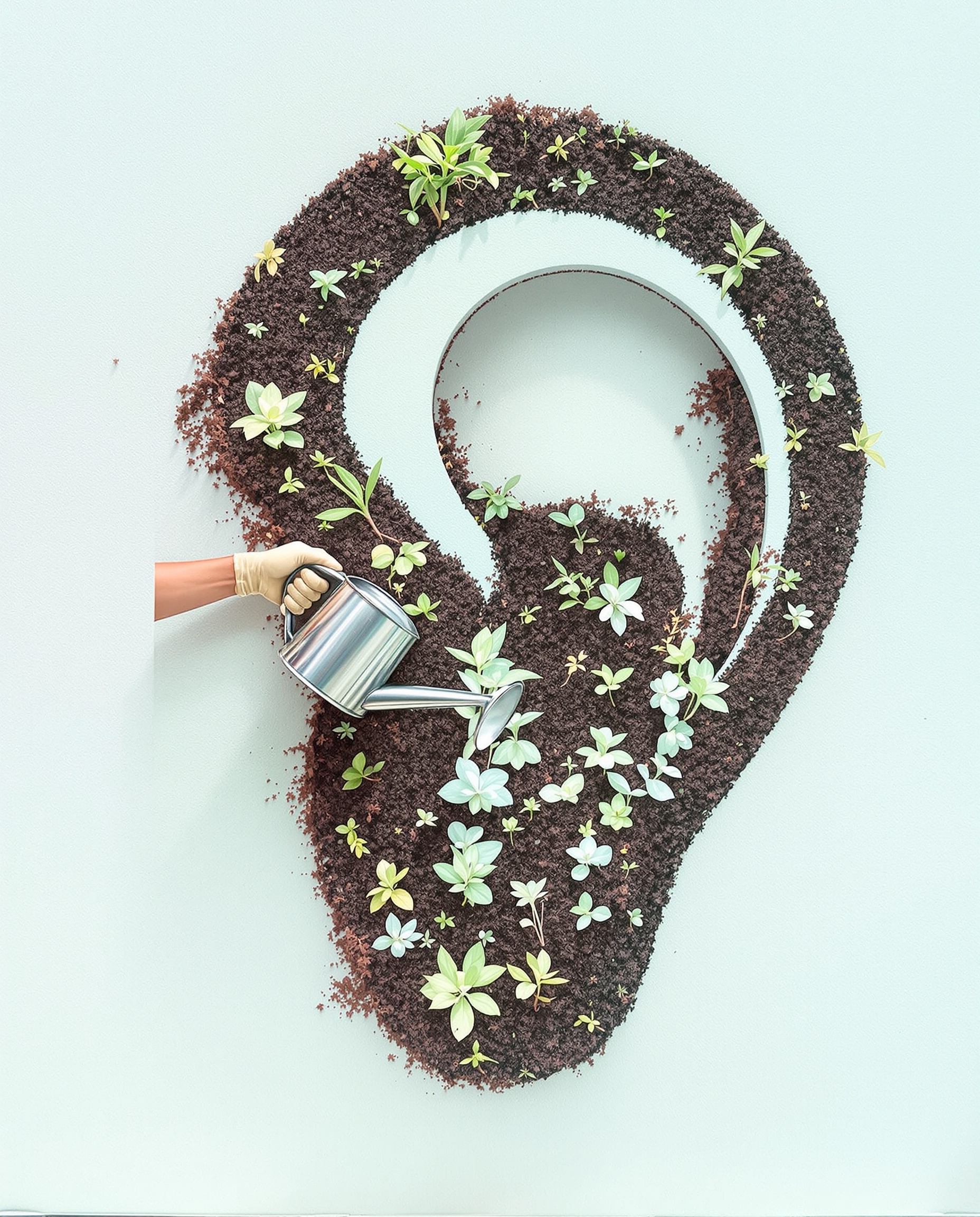 Un jardinier arrosant une oreille interne stylisée, allégorie du soin de fond