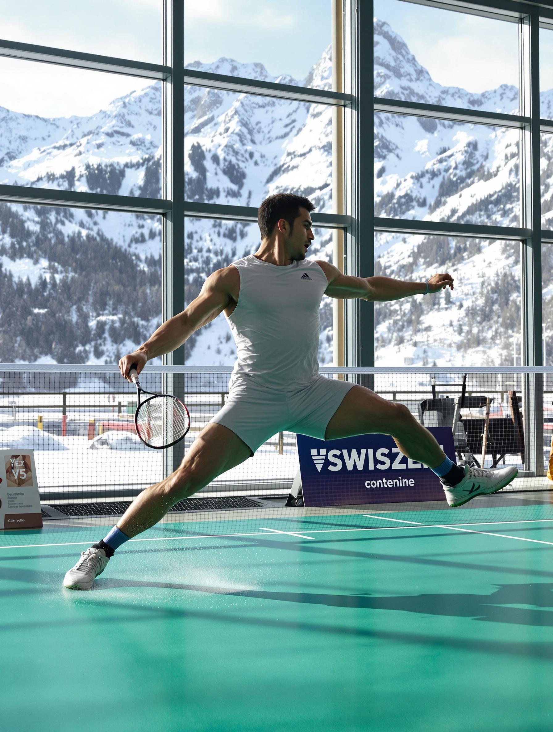 Badiste en plein split-step illustrant le travail synchronisé des quadriceps et mollets sur un court suisse enneigé en arrière-plan