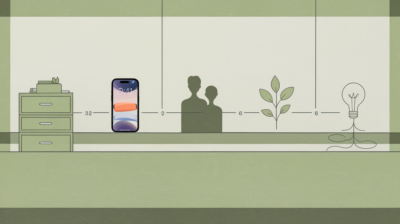Planning 7 jours minimaliste : tiroir, smartphone, deux personnes, ampoule/graine — illustration au style doux et épuré.