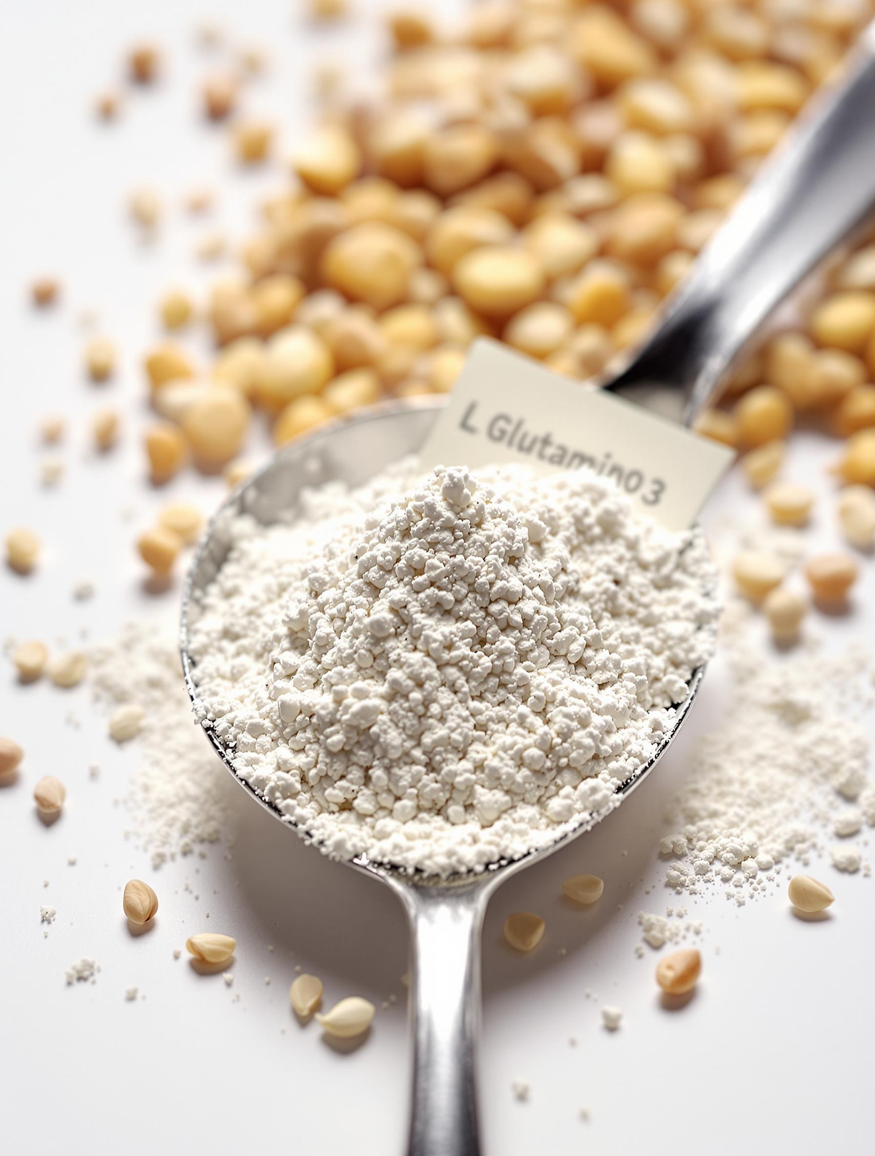 Poudre de L-Glutamine sur une cuillère avec structure cristalline visible et graines de pois chiche en arrière-plan.