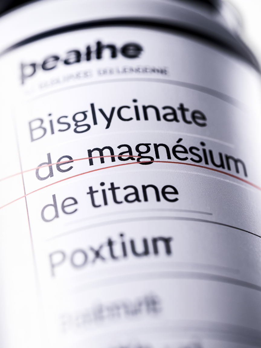 Lecture d'une étiquette de complément alimentaire mettant en avant bisglycinate et absence d'additifs controversés.