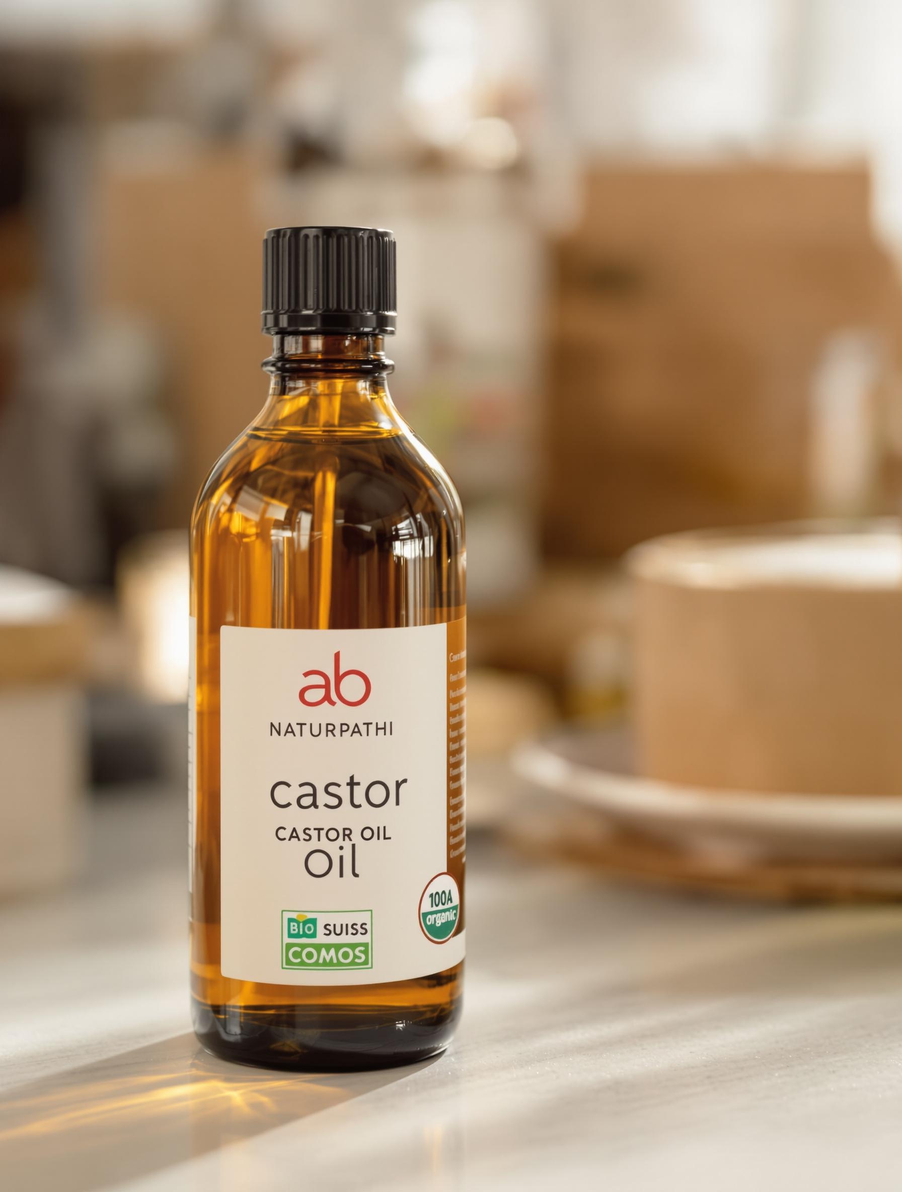 Étiquette d'huile de ricin bio avec labels AB, Bio Suisse et Cosmos