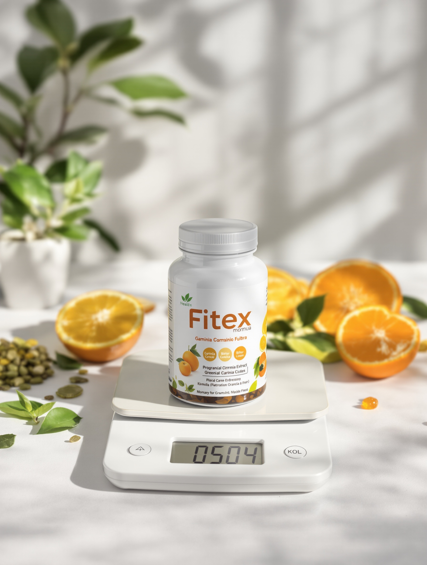 Fitex pot macro sur balance, extraits botaniques, ambiance magazine santé