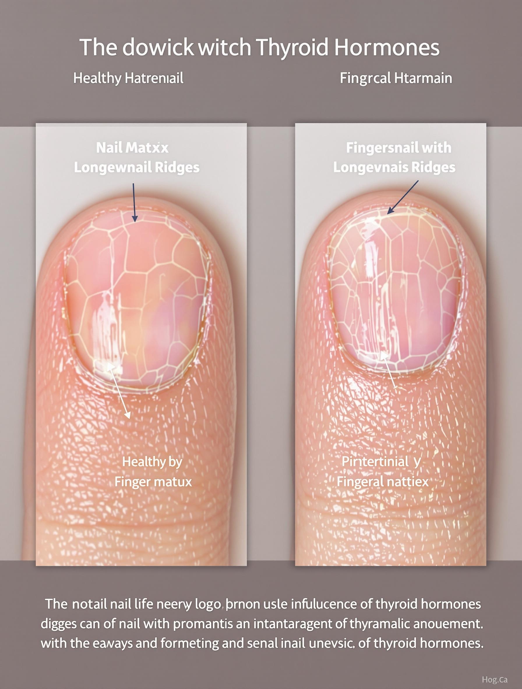 Comparaison entre un ongle sain et un ongle strié, montrant l'impact hormonal thyroïdien.