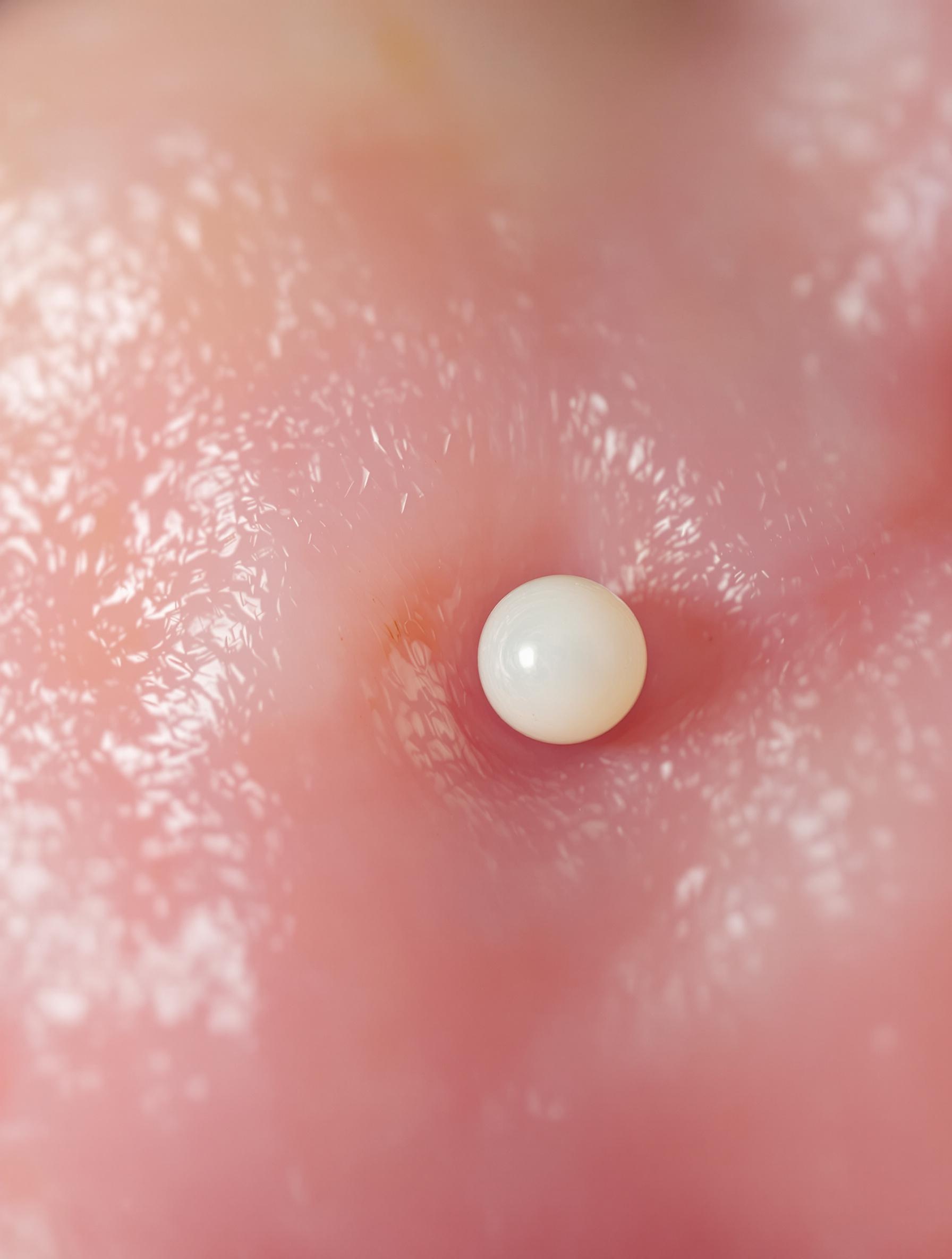 Photo macro d’une perle d’Epstein sur le palais d’un nouveau-né montrant la texture blanchâtre et petite taille