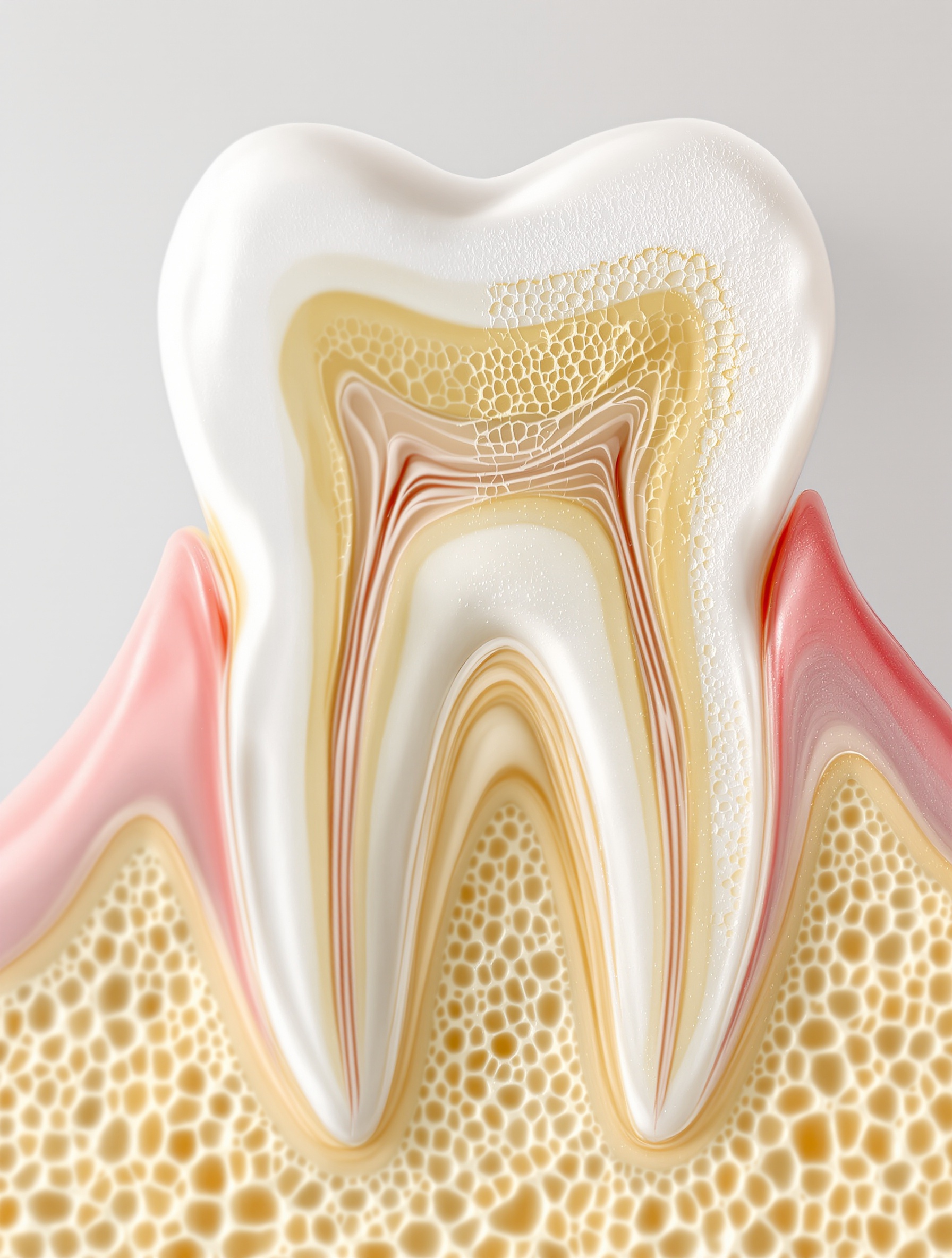 Coupe transversale d'une dent : émail intact puis dentine exposée.