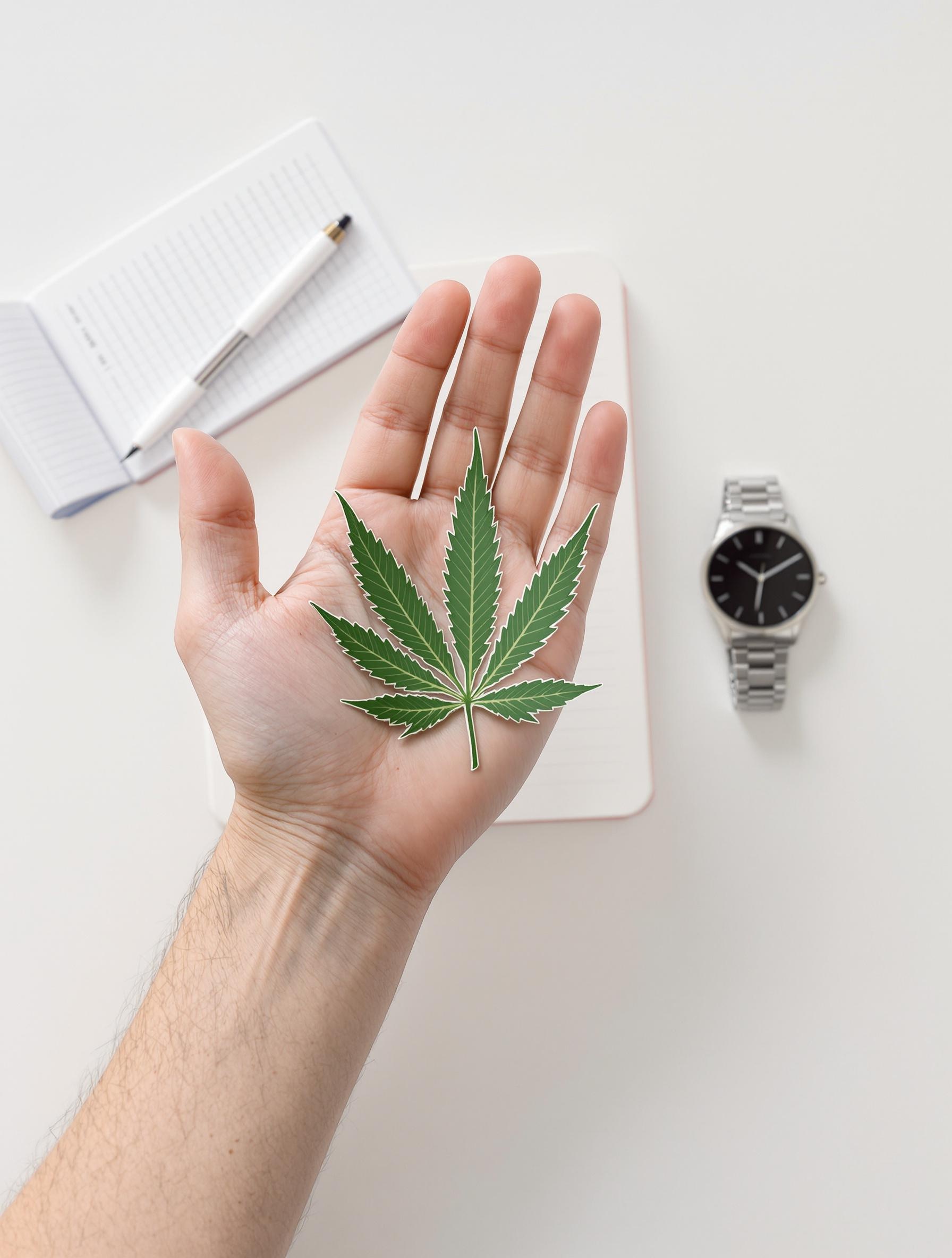 Main ouverte avec une feuille de cannabis, bloc-notes et montre