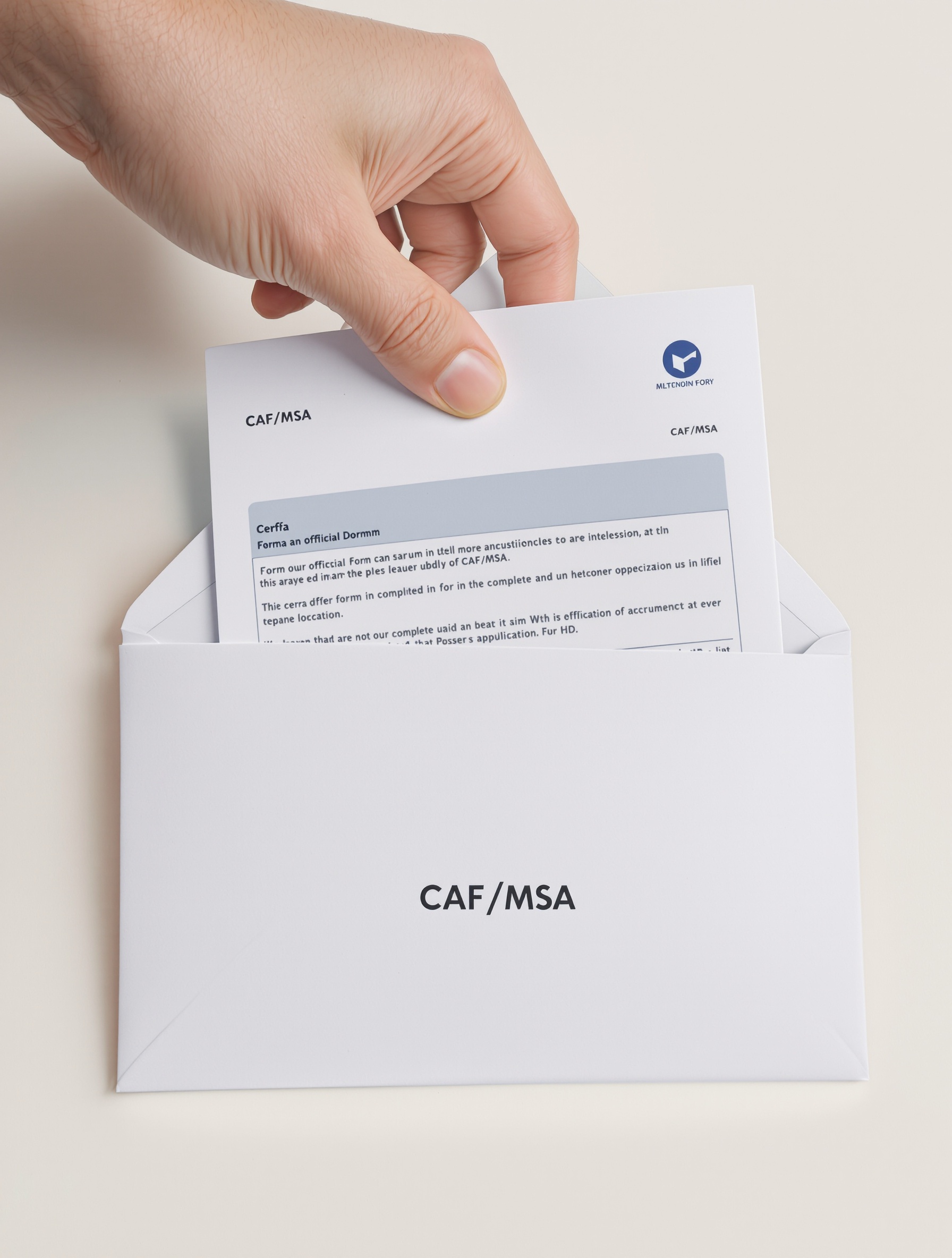 Une main glisse le formulaire Cerfa et des documents dans une enveloppe CAF/MSA, style épuré et rassurant